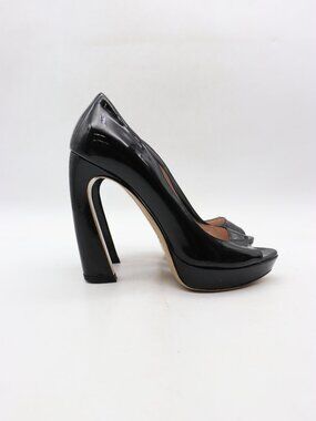 Miu Miu Black Patent Leather Women's EU 37 Platform Peep Toe Pumps Block Heel